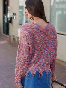 Suéter básico de mujer de estilo bohemio, de manga larga, cuello en V, de punto, de longitud regular, de poliéster y de colores múltiples - Multicolor - Ver 4