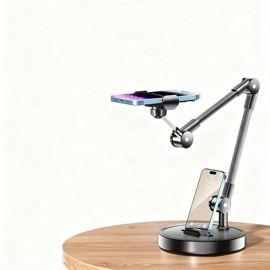 1件，货号D55，黑色铝合金和ABS材质，可调节通用耐用金属手机支架（适用于直播、网课、Vlog等）