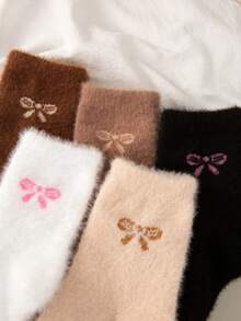 5 Pairs Random Brown Cute Bow Design Thickened Plush Lined Mid-Calf Socks For Kids, Solid Color, Warm And Comfortable For Winter