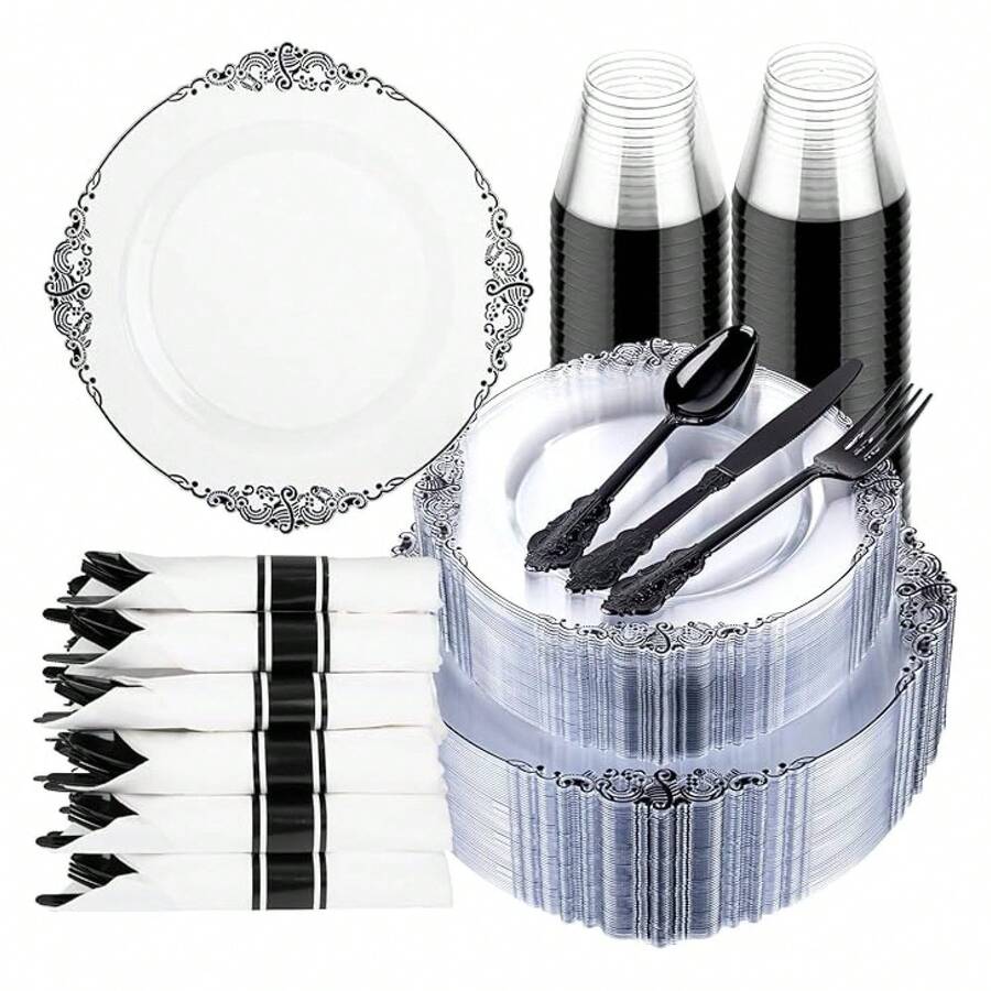 Clear Black Plastic Plates - 350pc Disposable Dinnerware Set For 50 Guests - 如圖/D - 查看 1