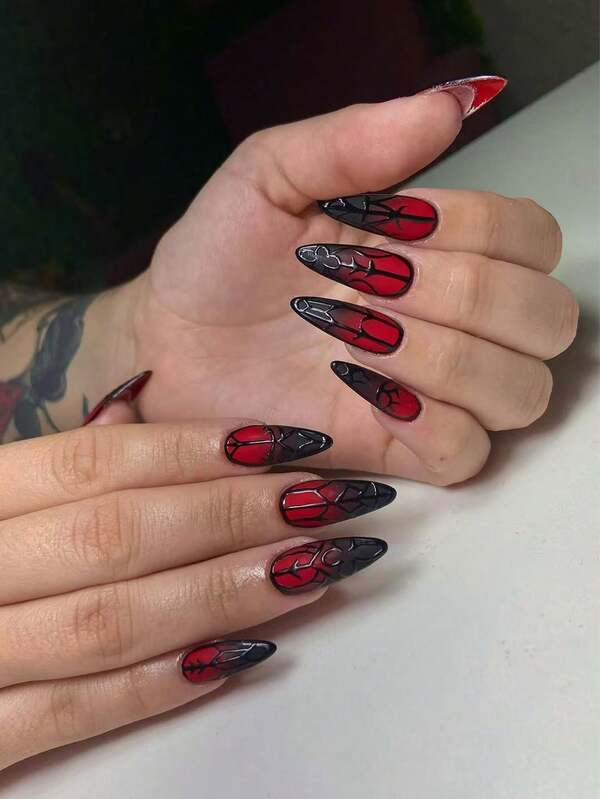 Zestaw 24 szt. żelowych tipsów 3D w kolorze migdałowym, w kolorze czarnym, z francuskimi końcówkami, z czerwono-czarnym gradientem i kwiatowym wzorem, w europejskim i amerykańskim, słodkim i modnym stylu, łatwy w noszeniu, akrylowy zestaw sztucznych paznokci, zawiera 1 szt. kleju żelowego i 1 szt. pilnika do paznokci, odpowiedni dla kobiet i dziewcząt, na co dzień i na wszelkiego rodzaju imprezy.