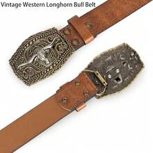 Men-Women-Western-Cowboy-Belt PU-Leather Floral Engraved-Bull-Buckle-Belts For Jeans (For 25" To 38" Waist){"Color_name":"BullHead-Brown","Size_name":"Suitablewaisted34\"-38\""} - 多色5 - 查看 4