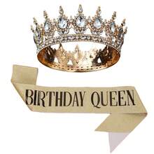 2 pièces/set Ensemble de couronne de strass en forme de larme pour anniversaire, couronne dorée reine d'anniversaire avec bretelle, accessoires pour cheveux joyeux anniversaire pour femmes, décorations de fête