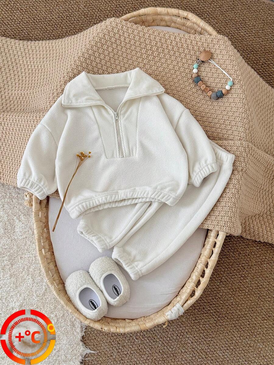 2pcs/Set Toddler Baby Girls' White Long Sleeve Sweatshirt And Pants Warm Thickened Winter Outfit