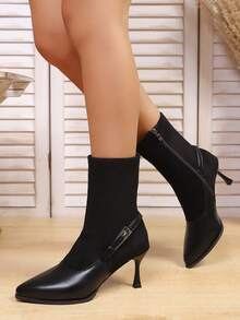 女士时尚踝靴，2025秋冬新款尖头拼接后跟带扣侧拉链弹力细跟踝靴，户外通勤复古优雅日常百搭时尚女靴，黑色，猫跟 - 黑色 - 查看 1