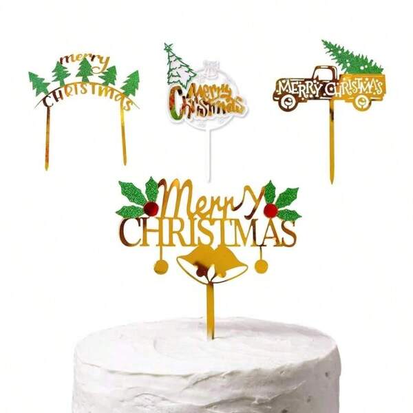 Christmas Cake Toppers - Gold Metal Glitter Christmas Tree Cupcake Topper, Merry Christmas Cake Plugin For Xmas Winter Holiday