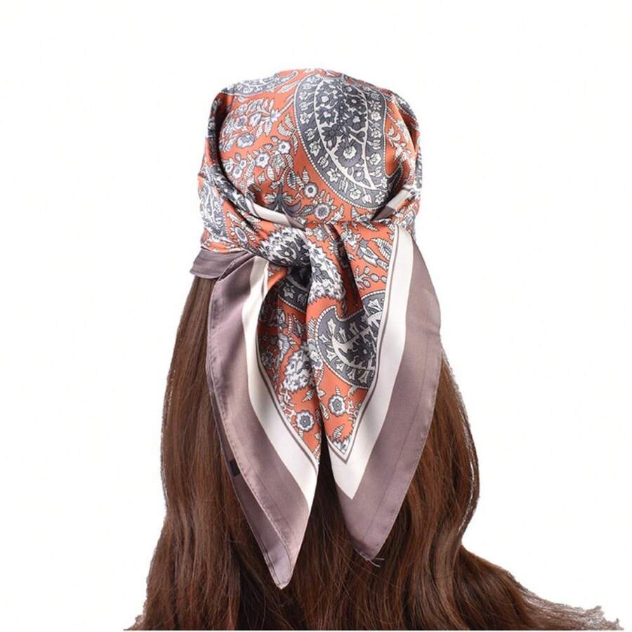 1PCS Women's Fashion Versatile Cashew Flower Pattern Simulation Silk Printing Thin 70cm * 70cm Square Scarf Silk Scarf, Multi-Purpose As Headscarf, Belt, Bag Accessories, Hair Scarf, Fashion Accessories Headscarf, Headband, Headband Is Very Suitable For Dressing Up Your Style - 深灰 - 查看 1