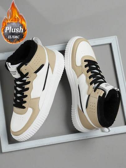 加大码冬季男士休闲运动鞋，系带软底平底舒适男士运动鞋，轻便加绒保暖高帮日常鞋