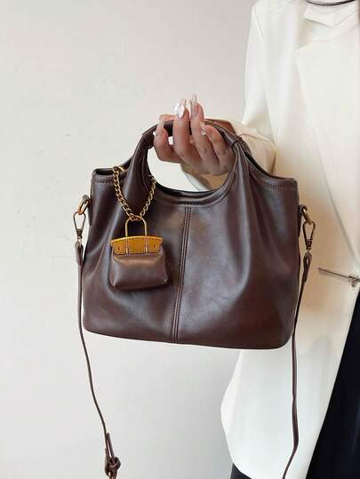 1 pieza (24,9 cm * 20 cm * 11,9 cm) Bolso de mano de mujer de moda, bolso de hombro, bolso cruzado, bolso de tela, material de PU resistente a arañazos y desgaste, adecuado para compras, citas, salidas, viajes al trabajo, con correa ajustable, con bolsa interior desmontable, elegante y minimalista bolso casual marrón para damas