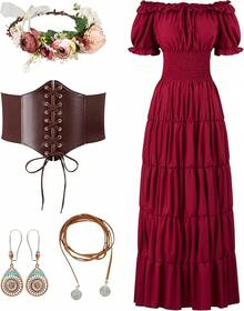 5-Piece Vintage Dress Set For Women, Renaissance & Medieval Style Collection, Fairy Cottagecore Themed Gowns - Đầm màu đỏ tía kèm phụ kiện - Xem 1