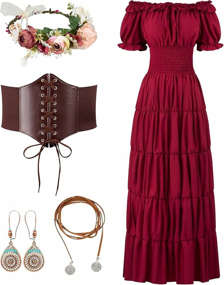 5-Piece Vintage Dress Set For Women, Renaissance & Medieval Style Collection, Fairy Cottagecore Themed Gowns - Đầm màu đỏ tía kèm phụ kiện - Xem 1