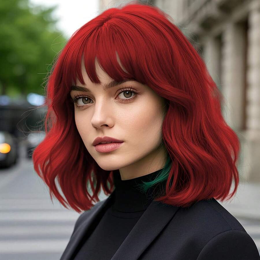 ESSVIGANT Halloween Christmas Burgundy Wavy Wigs With Bangs Short Bob Wavy Wigs For Women Curly Synthetic Cosplay Red Wig For Girls Daily Use Colorful Wig 14 Inch - 紅色 - 查看 1
