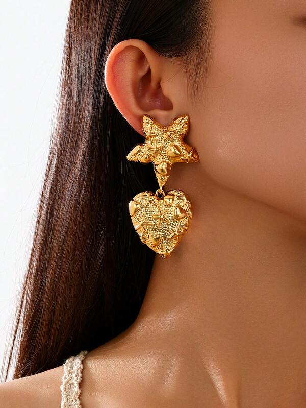 Vintage Retro Star, Heart, Shell, Starfish Carved Earrings, European And American Cross-Border Design, Suitable For Vacation