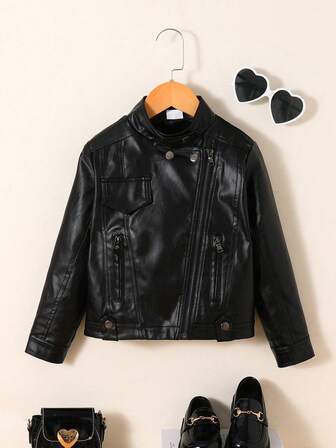 Girls' Fashion PU Leather Jacket, Cool Motorcycle Jacket For Tween Girl, Long Sleeve Outerwear, Spring/Autumn