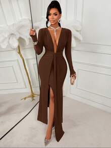 Amarilo Women's Autumn/Winter Fashionable And Sensual Party Dress Deep V-Neck, Long Sleeves With Overlay Details Fitted Waist With Side Slit Fishtail Hem Solid Colour Shiny Fabric Long Dress