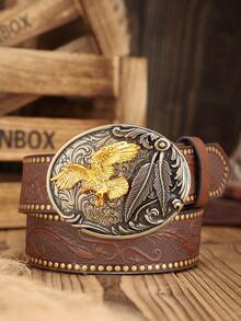 1 件男女通用波西米亚西部风格金属扣复古深棕色 PU 皮带，适合休闲和个性化搭配（含打孔器）