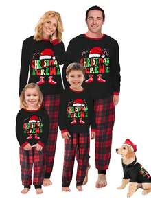 Christmas Family Pajamas Matching Set Letter Santa Hat Print Long Sleeve Tops And Plaid Pants Sleepwear - Black - View 1