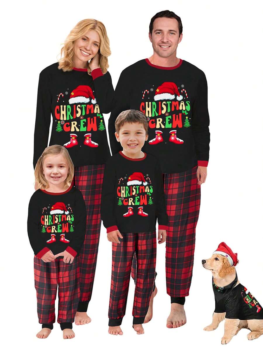 Christmas Family Pajamas Matching Set Letter Santa Hat Print Long Sleeve Tops And Plaid Pants Sleepwear - Black - View 1