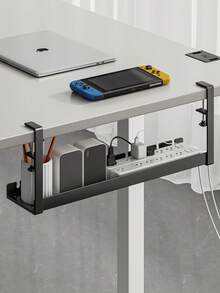 Under Desk Cable Management Tray, Metal Mesh Cable Organizer With Clips For Installation, 3 Holes, Cable Tray With Desktop & Underneath Cable Organizer, Adjustable Wire Rack, Suitable For Home Office Standing Desk - Black - View 7