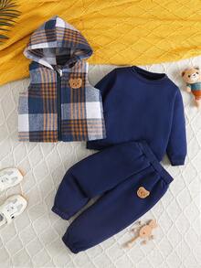 3pcs Baby Boy Plaid Vest + Hoodie Casual Outfit, Including Hooded Thermal Lined Zip-Up Jacket, Paired With Crew Neck Sweatshirt And Pants, Retro Korean Style Casual Set, Suitable For Autumn/Winter Outdoor Wear - Multicolor - View 2