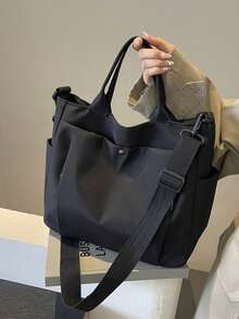 1 pieza Bolso de mano casual con cremallera en negro, bolso minimalista ligero y duradero con múltiples bolsillos y correa de hombro ajustable, mochila de gran capacidad