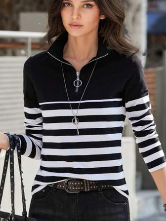 女士黑白条纹长袖拉链立领 T 恤 - 休闲优雅的四季百搭上衣，具有中等弹性和舒适贴合度，适合日常机洗和半正式穿着。