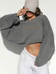 Stylish Oversized Cropped Sweatshirt For Women - Soft And Cozy Long Sleeve Top, Perfect For Casual Outings Or Layering -  Streetwear Fashion, Ideal For Fall And Winter Wardrobe - Available In Multiple Colors To Match Your Unique Style. -Light Grey Spring And Autumn All-Match Casual Basic Style, Playful And Tall - 淺灰 - 查看 1