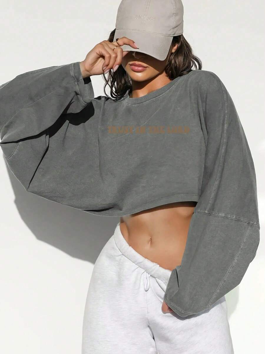Stylish Oversized Cropped Sweatshirt For Women - Soft And Cozy Long Sleeve Top, Perfect For Casual Outings Or Layering - Streetwear Fashion, Ideal For Fall And Winter Wardrobe - Available In Multiple Colors To Match Your Unique Style. -Light Grey Spring And Autumn All-Match Casual Basic Style, Playful And Tall - 淺灰 - 查看 1