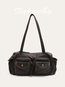 女士时尚街头休闲水洗 PU 人造皮革枕头包拉链开合多翻盖口袋手提包大容量顶部提手单肩腋下包适合日常通勤学院多功能四季 - 彩色 - 查看 15