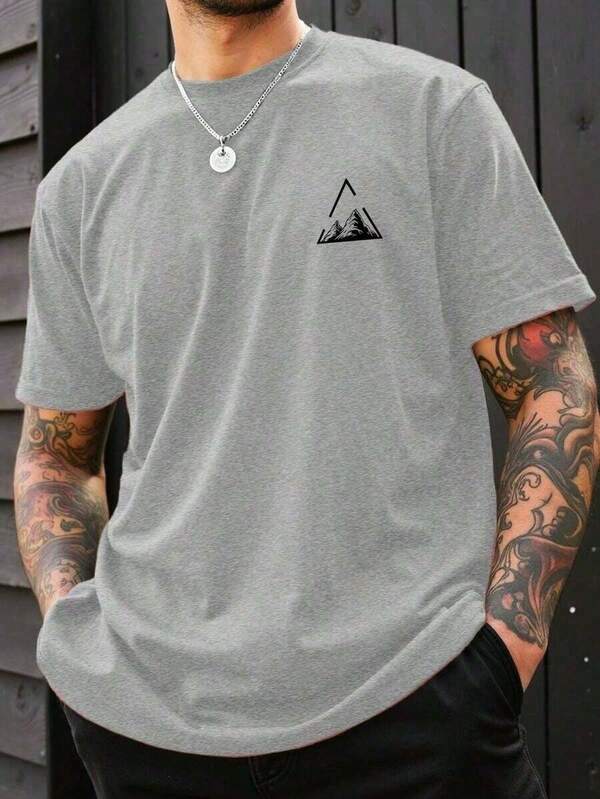 Camiseta Casual de Manga Curta com Estampa Geométrica de Montanha para Homens Street Moda