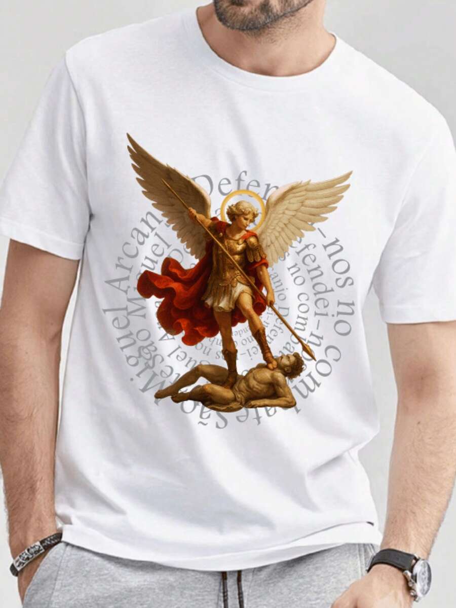 Catholic T-Shirt SAINT MICHAEL THE ARCHANGEL SPIRAL WRITING Unisex 100% Cotton - 白色 - 查看 1