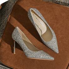 8819 French Pointed Toe High Heels Women New Crystal Glitter Wedding Shoes Silver Bridesmaid Shoes Stiletto Pumps Elegant Evening Party Dress Shoes For Women - 銀色[8cm] - 查看 8