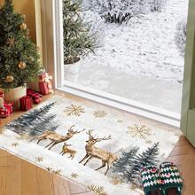 1 pièce Paillasson avec motif de renne de Noël, flocon de neige et sapin imprimé sur surface en fausse laine avec fond en TPR. Tapis de salle de bain, tapis de cuisine, tapis de buanderie, décoration de fête, décoration de maison, décoration de mariage, décoration de salle à manger