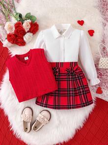 3pcs/Set Young Girls Fashion Spring/Autumn Outfit, Including Solid Color Lapel Blouse, V-Neck Knit Vest, And Plaid Bow Elastic Waist Skirt, Comfortable Casual Versatile Childrenswear