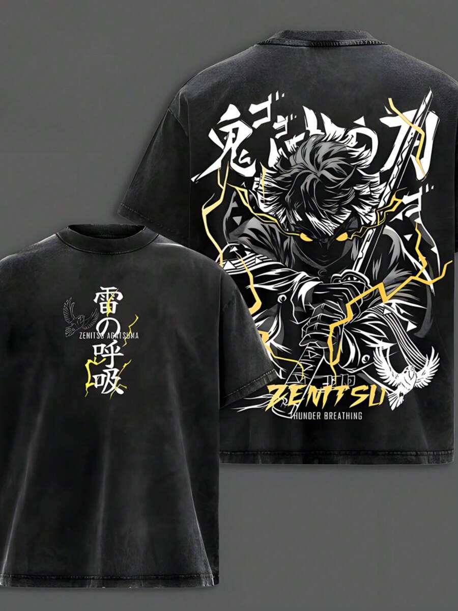 Washed Men's T-Shirts, Anime Print T-Shirts, Acid-Washed Soft Cotton Men's T-Shirts, Anime Streetwear Casual Menswear, Clothing Anime Fan Gifts, Anime Enthusiasts, Fan Merchandise - 黑色 - 查看 1