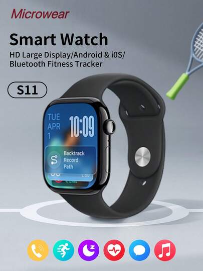 Microwear 2.06" HD Touch Screen Unisex Smart Watch, Compatible With Android/IOS, Supports Bluetooth Call, 24Hr Heart Rate/Sleep Monitoring, Pedometer, With Black Sport Silicone Strap