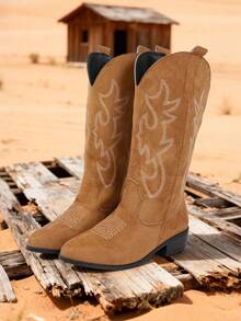 仿麂皮尖头厚底刺绣西部靴，马靴，时尚靴，中筒靴，靴子，适合度假、西部主题活动、音乐节 - 棕色 - 查看 10