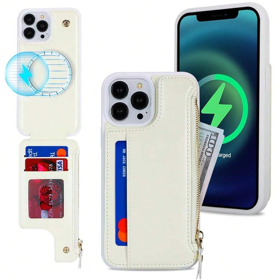 For IPhone 13 Pro Max Case With Card Holder,For IPhone 13 Pro Max Wallet Case For Women,Compatible With Magsafe,Shockproof Zipper Cover-White{"Color_name":"K1-White"} - 多色19 - 查看 1