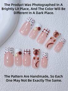 10 件 Y2K Nails 管状按压指甲套装 - 手工制作，粉色指甲、棕色指甲、白色法式尖头指甲、手工制作的 3D 猫咪和 3D 纽扣、手绘波尔卡圆点和条纹设计、闪亮可爱指甲 - 适合女士和女孩，派对、婚礼、日常佩戴、DIY 美甲，美甲套装，包含工具包。方形指甲。手工亚克力方形按压指甲。哥特式指甲。美甲用品猫咪指甲。（猫咪为手工制作，每只可能看起来不同） - 彩色 - 查看 4