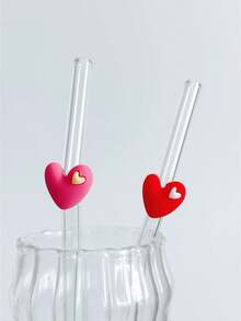1pc Heart-Shaped Glass Straw, Transparent Smoothie, Bubble Tea, Juice, Milk, Cocktail, Cold Drink Party Cartoon Colored Heart-Shaped Bent Glass Straw, Reusable
