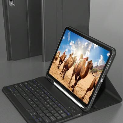 适用于 iPad 的无线键盘保护套，可拆卸皮革保护套带笔槽，支持自动休眠/唤醒功能，内置 150mAh 无线蓝牙键盘，纤薄轻巧支架式保护套 - 黑色