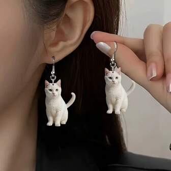 2 Pairs 2D Acrylic White Cat Pendant Earrings For Women - Cute Cartoon Style, Stainless Steel Hooks, Elegant Cat Design, Suitable For Daily Wear And Gift, All Seasons