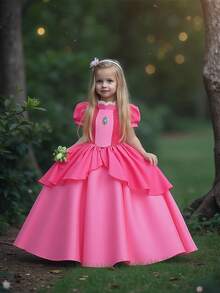 少女泡泡袖蕾丝刺绣网纱缎面长款优雅舞会礼服，适合舞会、生日派对等场合，不含头饰 - 玫紅色 - 查看 5