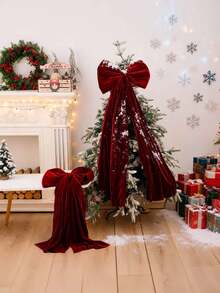 1pc Oversized Burgundy Velvet Christmas Bow, Giant Hanging Ribbon Tree Topper With Long Tails, Decorative Bow For Wall Backdrop Wedding Birthday Holiday Party Photo Prop Decoration - Multicolor - View 4