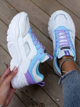 Women's Lace-Up Thick Sole Casual Shoes, Color Scheme With Retro Vibe, Suitable For Daily Wear And Outdoor Activities