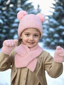 3pcs Beige Pom Pom Knitted Hat, Scarf And Gloves Set, Warm Knitwear Suit For Kids