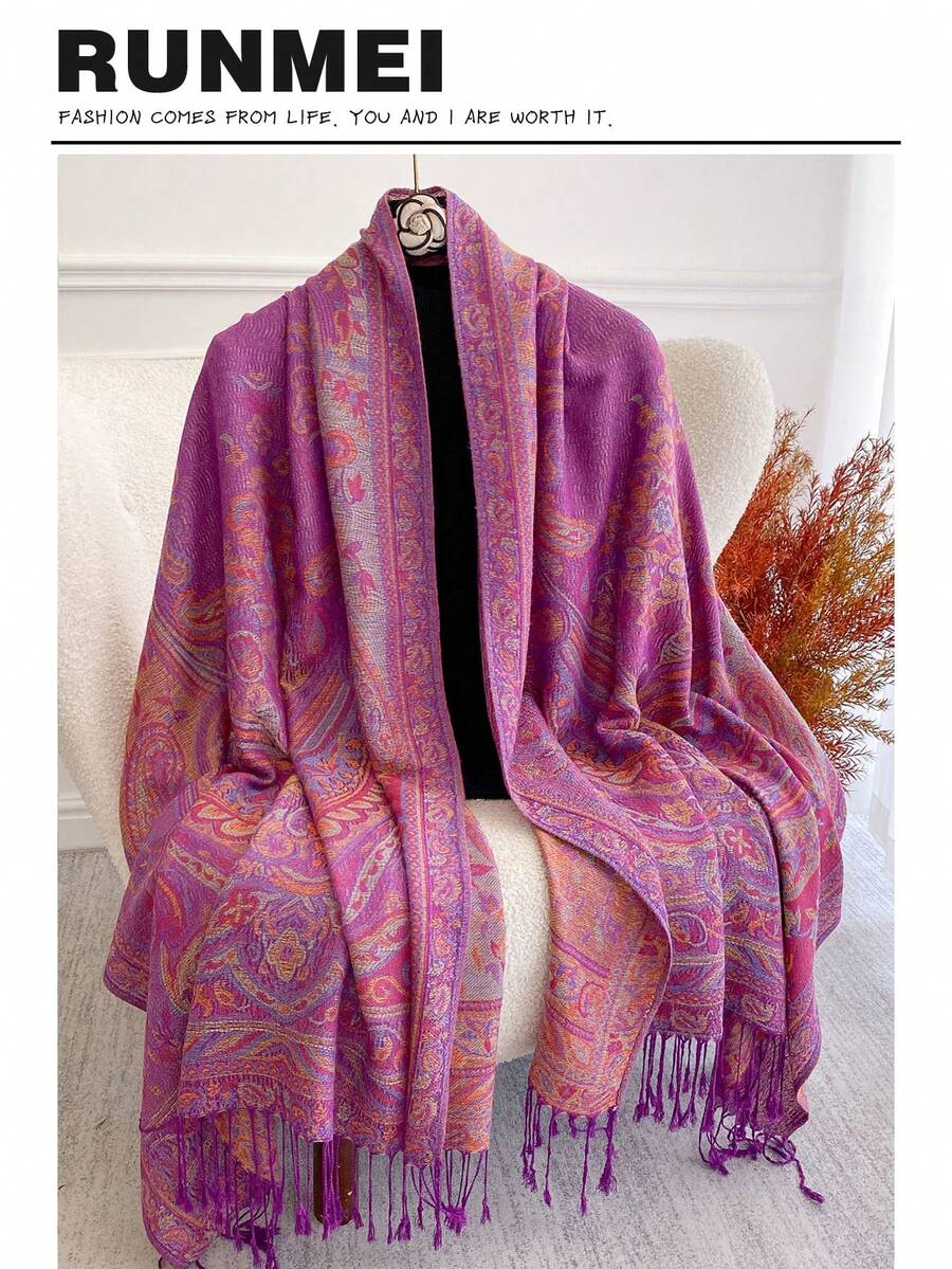 1 chiếc khăn choàng/khăn quàng cổ nữ họa tiết Paisley rực rỡ, chất liệu jacquard, đa năng, phù hợp để sử dụng hàng ngày, dễ dàng phối hợp với trang phục mùa thu/đông. - Nho tím - Xem 1