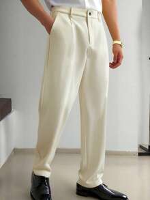 男士宽松轻便商务长裤，涤纶阔腿裤，直筒正装裤，直筒休闲裤，纯色西装裤 - 杏色 - 查看 7