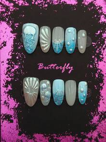 10 pezzi di unghie finte a mandorla realizzate a mano, con decorazioni 3D a tema marino come meduse e onde, con 3 accessori per la arte di unghie, colla per unghie, ideali per feste, viaggi, uso quotidiano e scuola, per donne e ragazze