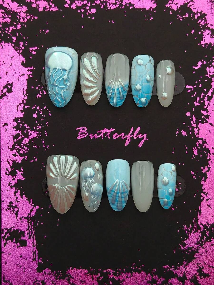 10 pezzi di unghie finte a mandorla realizzate a mano, con decorazioni 3D a tema marino come meduse e onde, con 3 accessori per la arte di unghie, colla per unghie, ideali per feste, viaggi, uso quotidiano e scuola, per donne e ragazze